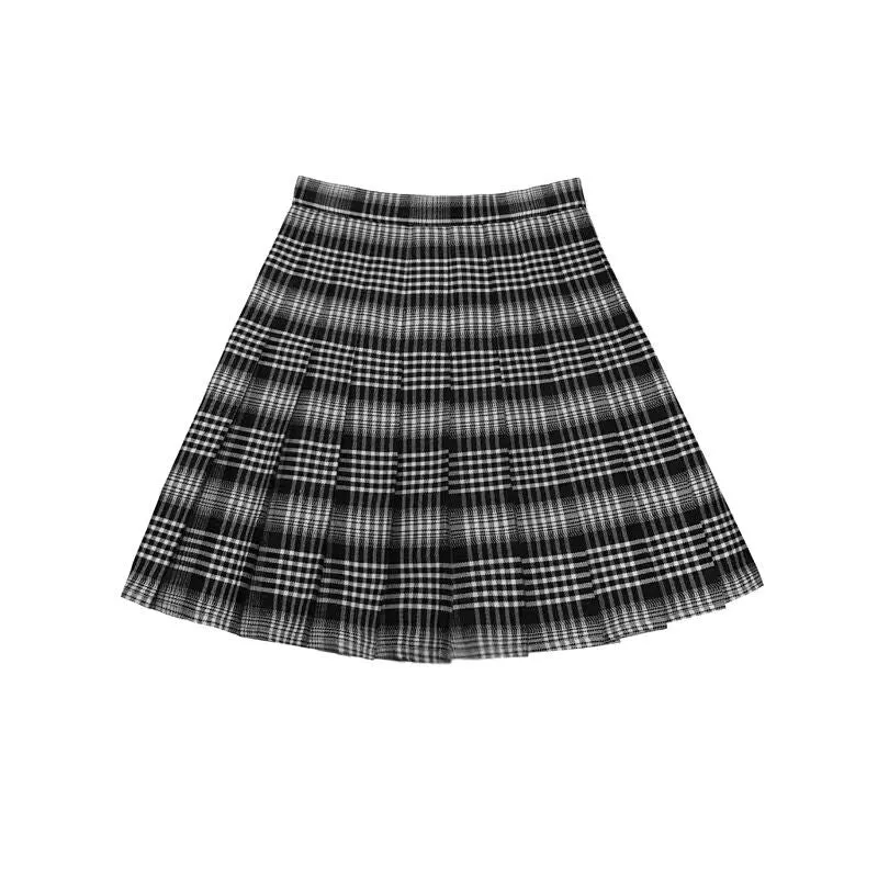 BLACK WHITE PLAID PLEATED SKIRT UB2472