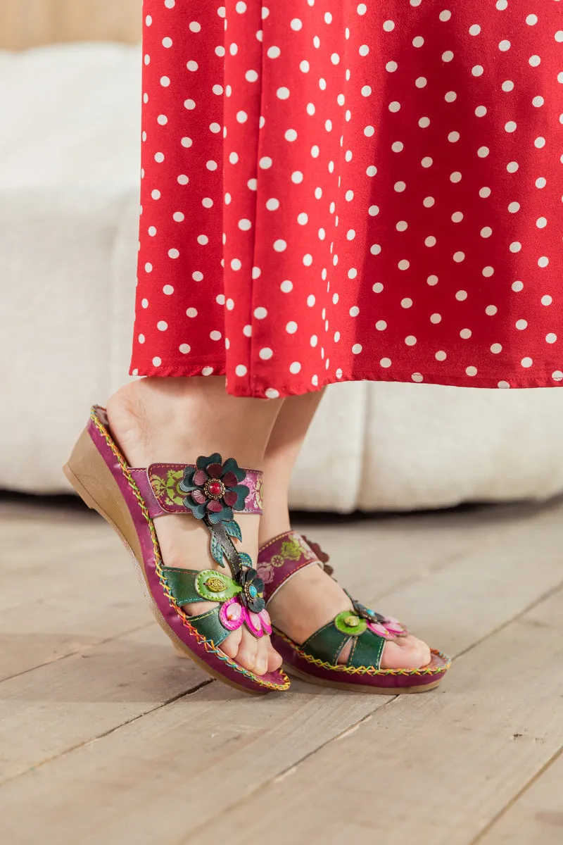 Blossom Appliqued Genuine Leather Sandal Plum