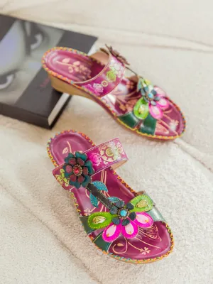 Blossom Appliqued Genuine Leather Sandal Plum