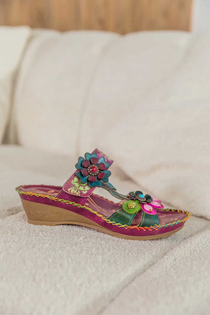 Blossom Appliqued Genuine Leather Sandal Plum