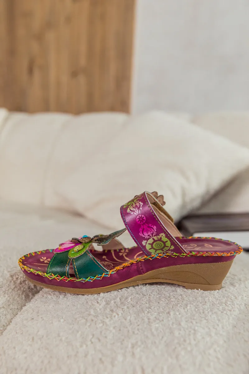 Blossom Appliqued Genuine Leather Sandal Plum