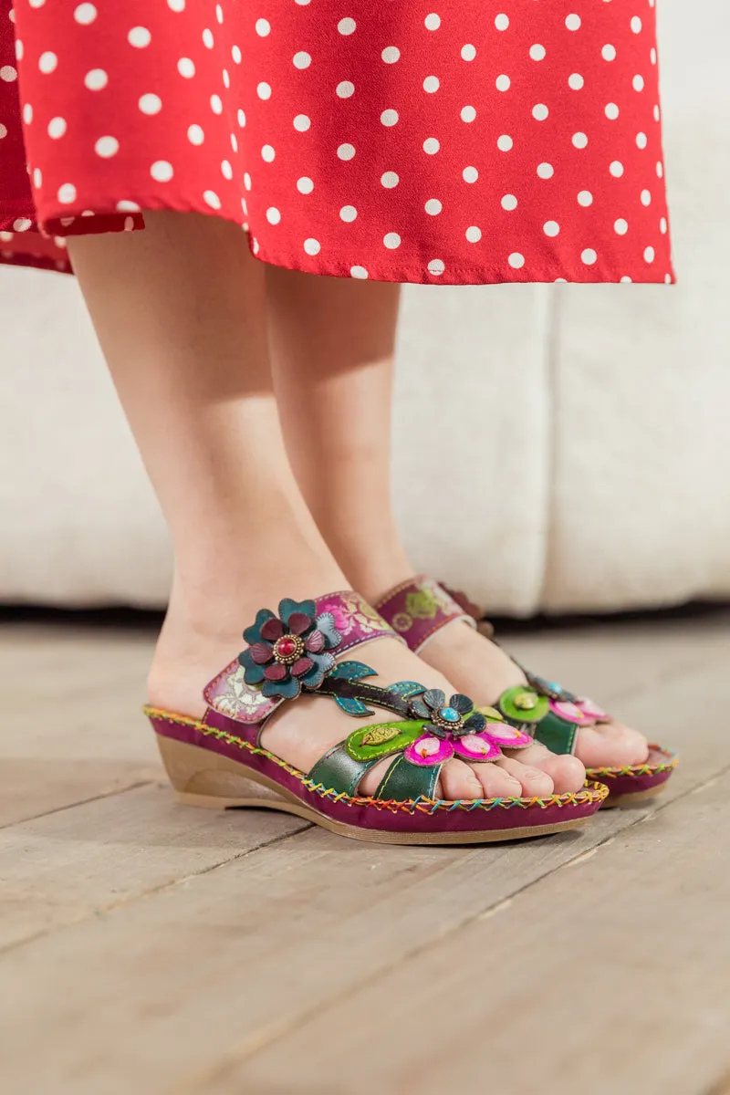 Blossom Appliqued Genuine Leather Sandal Plum