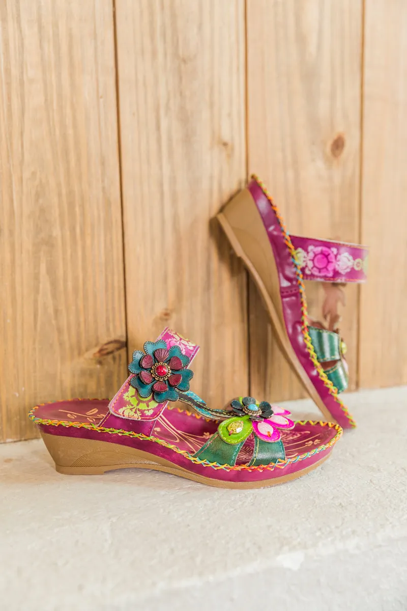 Blossom Appliqued Genuine Leather Sandal Plum