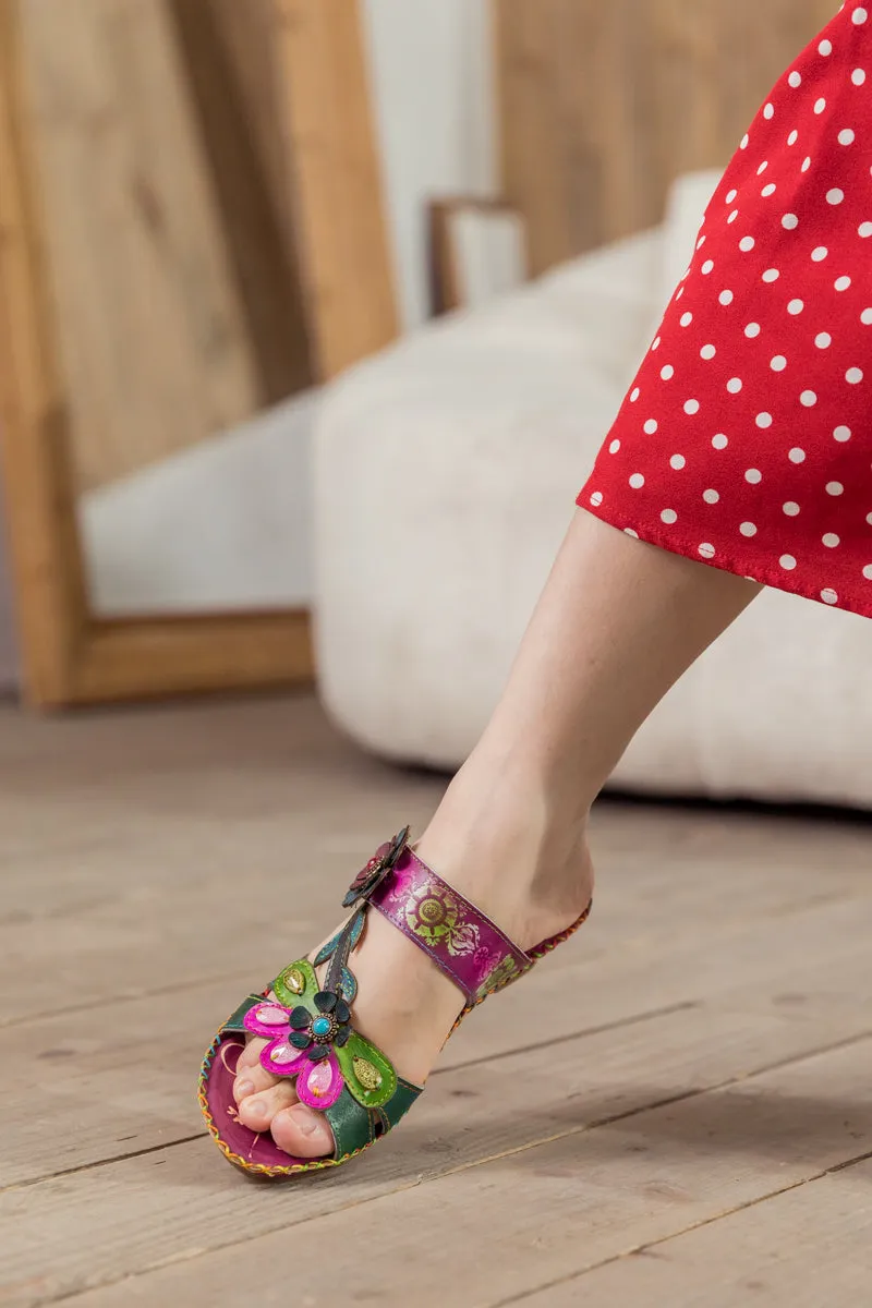 Blossom Appliqued Genuine Leather Sandal Plum