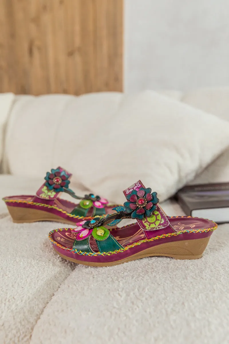 Blossom Appliqued Genuine Leather Sandal Plum