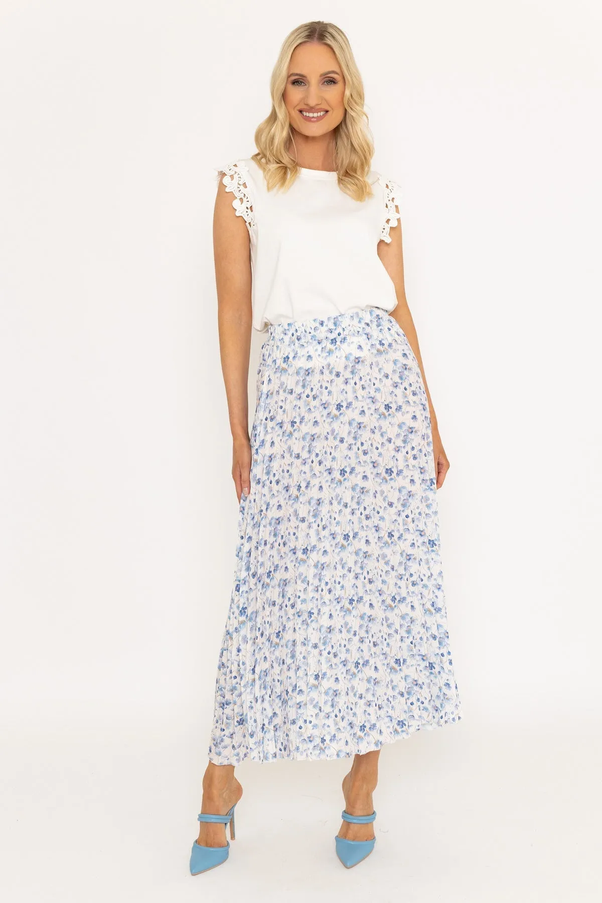 Blue Floral Print Pleated Maxi Skirt