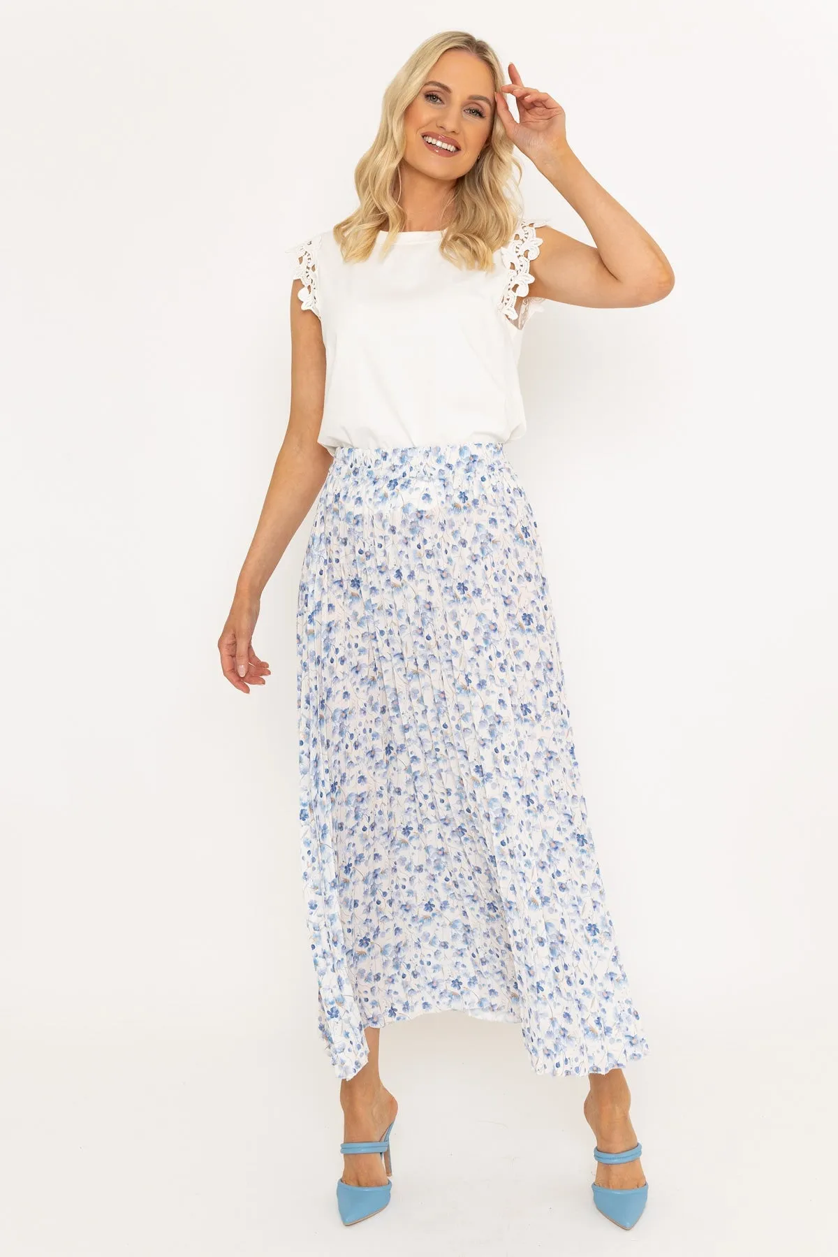 Blue Floral Print Pleated Maxi Skirt