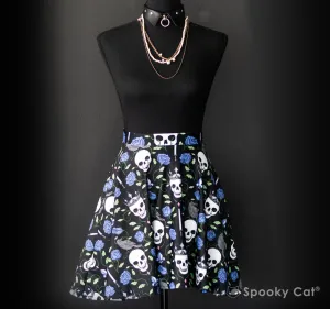 Blue Rose & Skull Skater Skirt