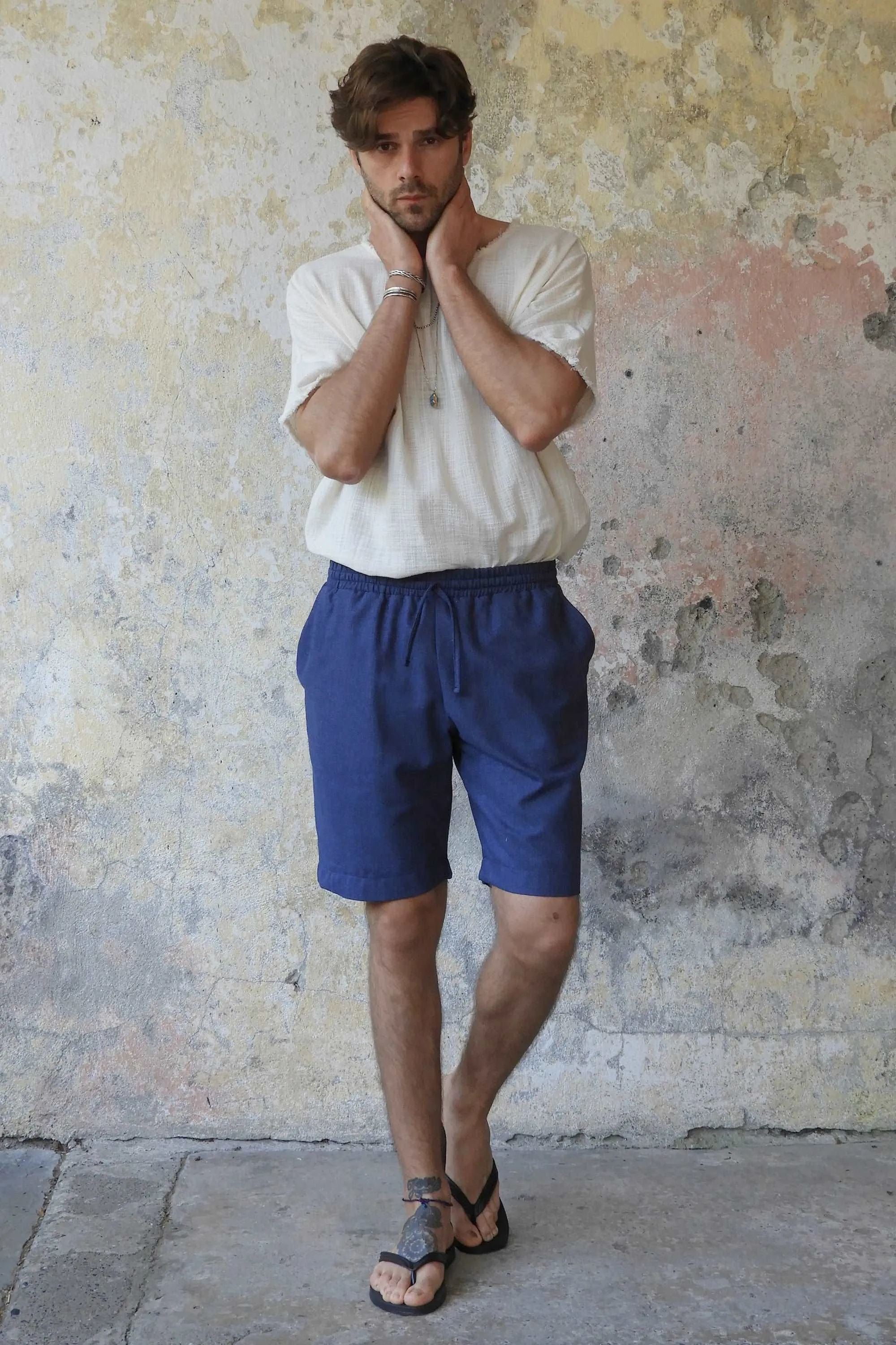 BOREAS Linen Blend Shorts Man (Indigo Blue, Windsor Tan)