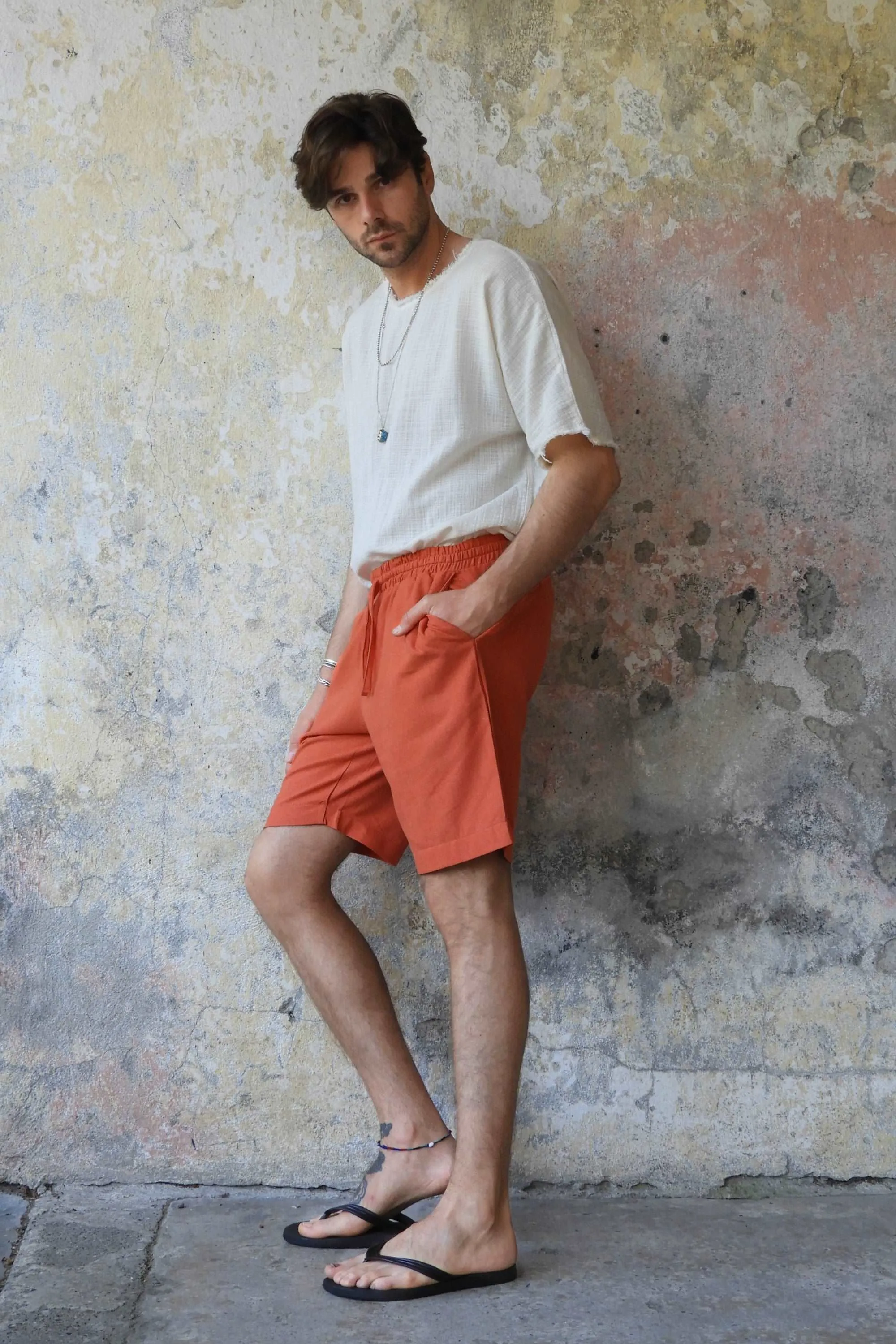 BOREAS Linen Blend Shorts Man (Tan, Burnt Orange)