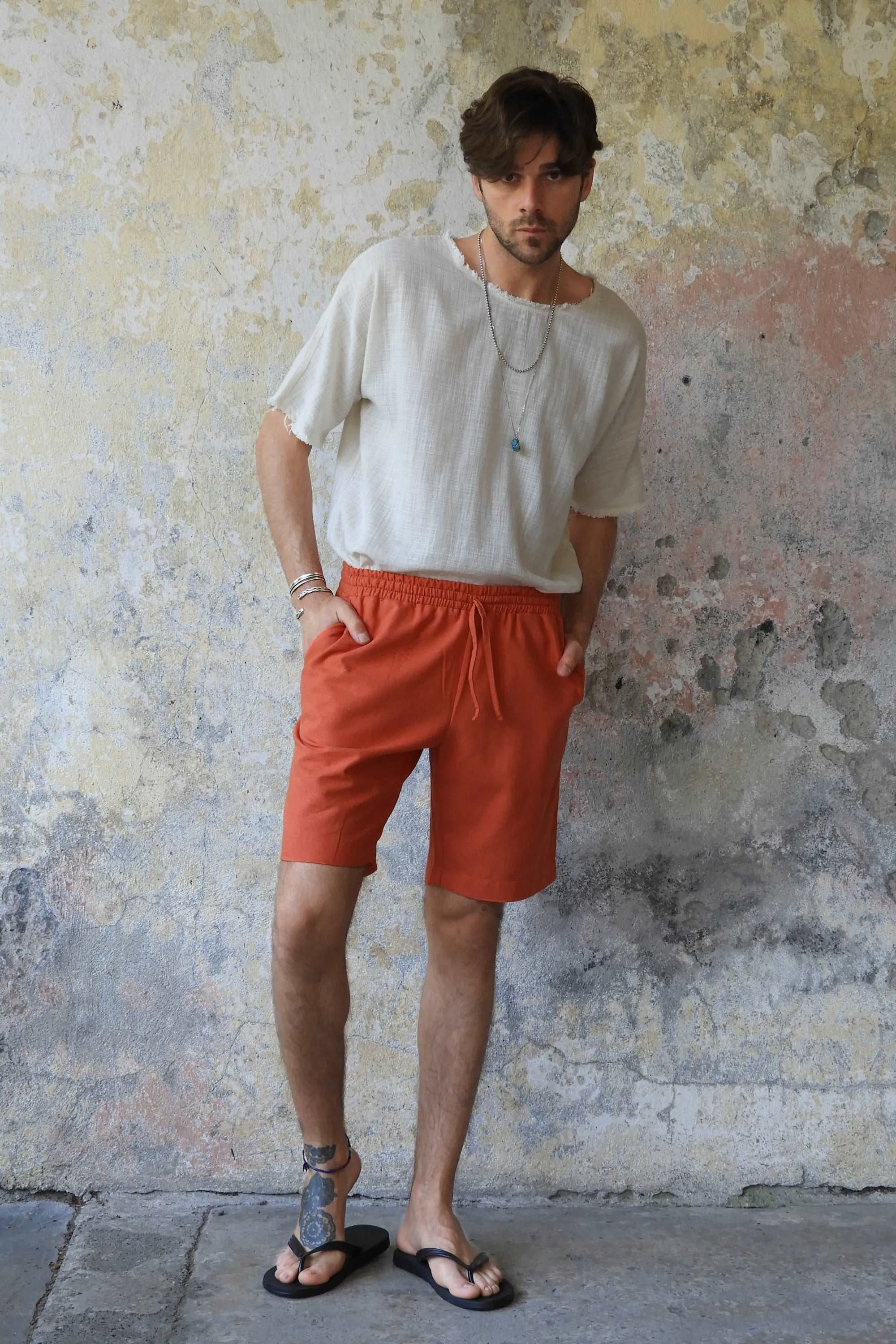BOREAS Linen Blend Shorts Man (Tan, Burnt Orange)