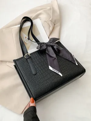 Bow Decor Minimalist  Crocodile Pattern Shoulder Bag- FD ⚡