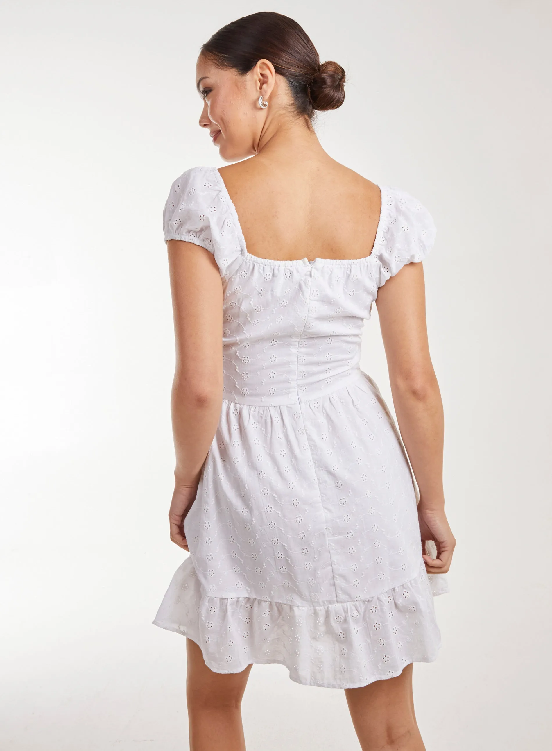 Broderie Puff Sleeve Corset Mini Dress
