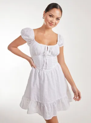 Broderie Puff Sleeve Corset Mini Dress