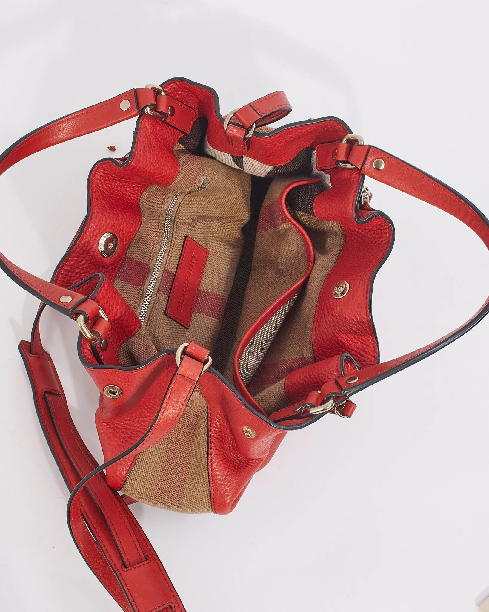Burberry Red Leather/House Check Canvas Small Brit Maidstone Convertible Tote