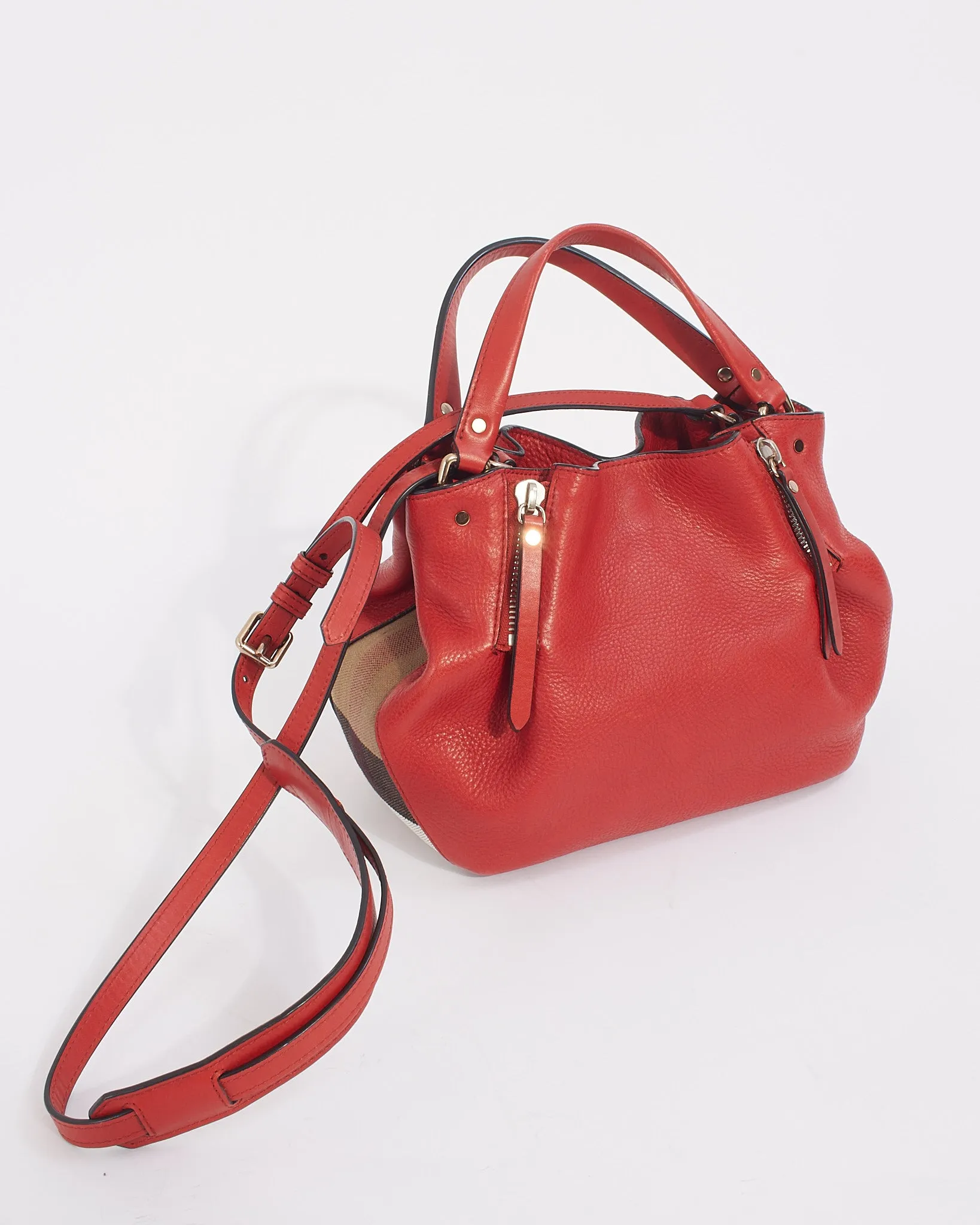 Burberry Red Leather/House Check Canvas Small Brit Maidstone Convertible Tote