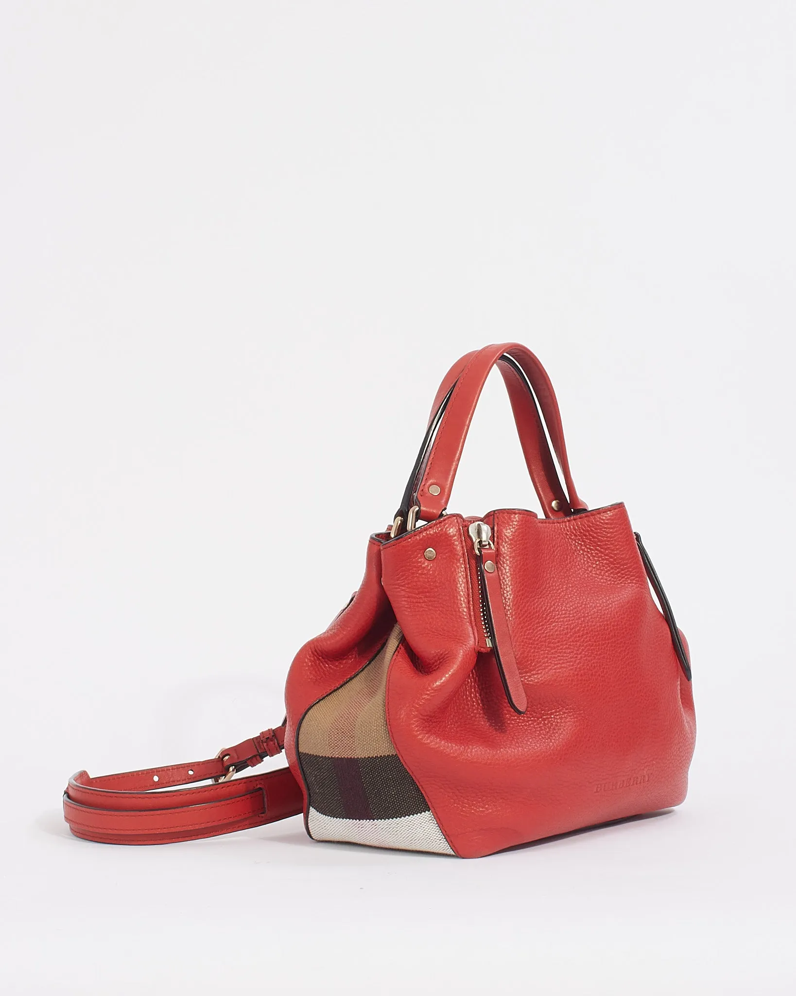 Burberry Red Leather/House Check Canvas Small Brit Maidstone Convertible Tote