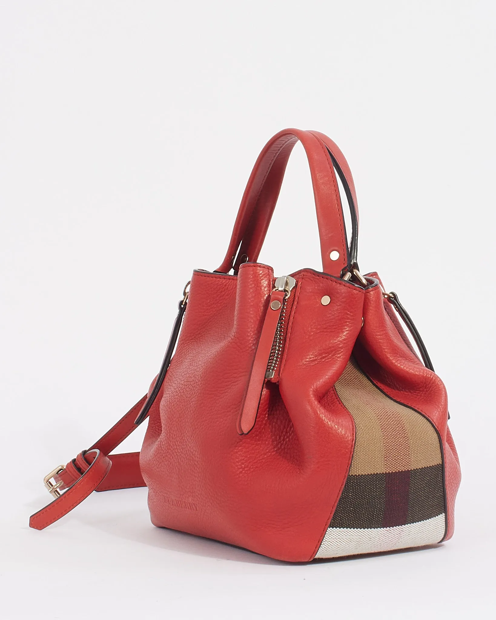 Burberry Red Leather/House Check Canvas Small Brit Maidstone Convertible Tote