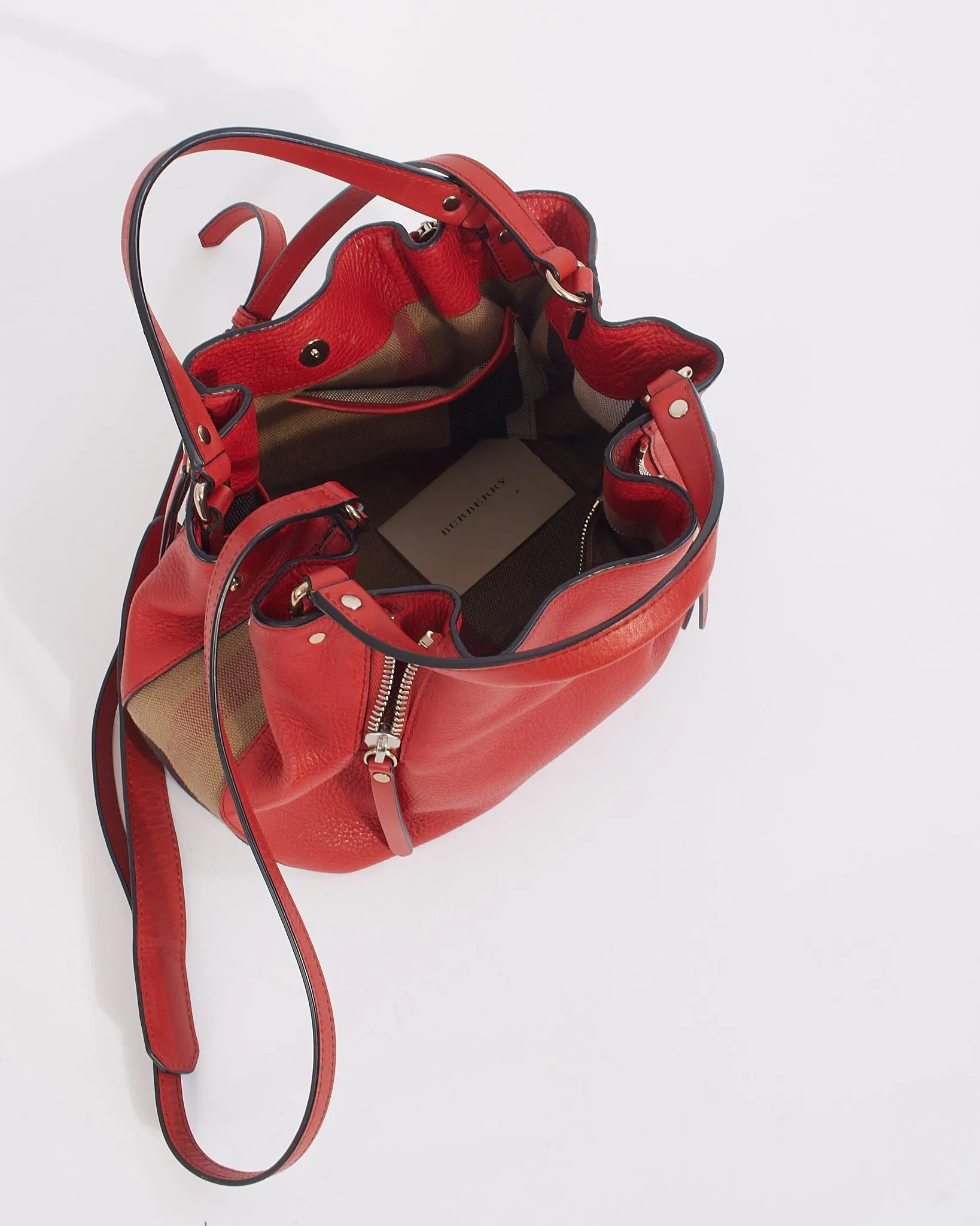 Burberry Red Leather/House Check Canvas Small Brit Maidstone Convertible Tote