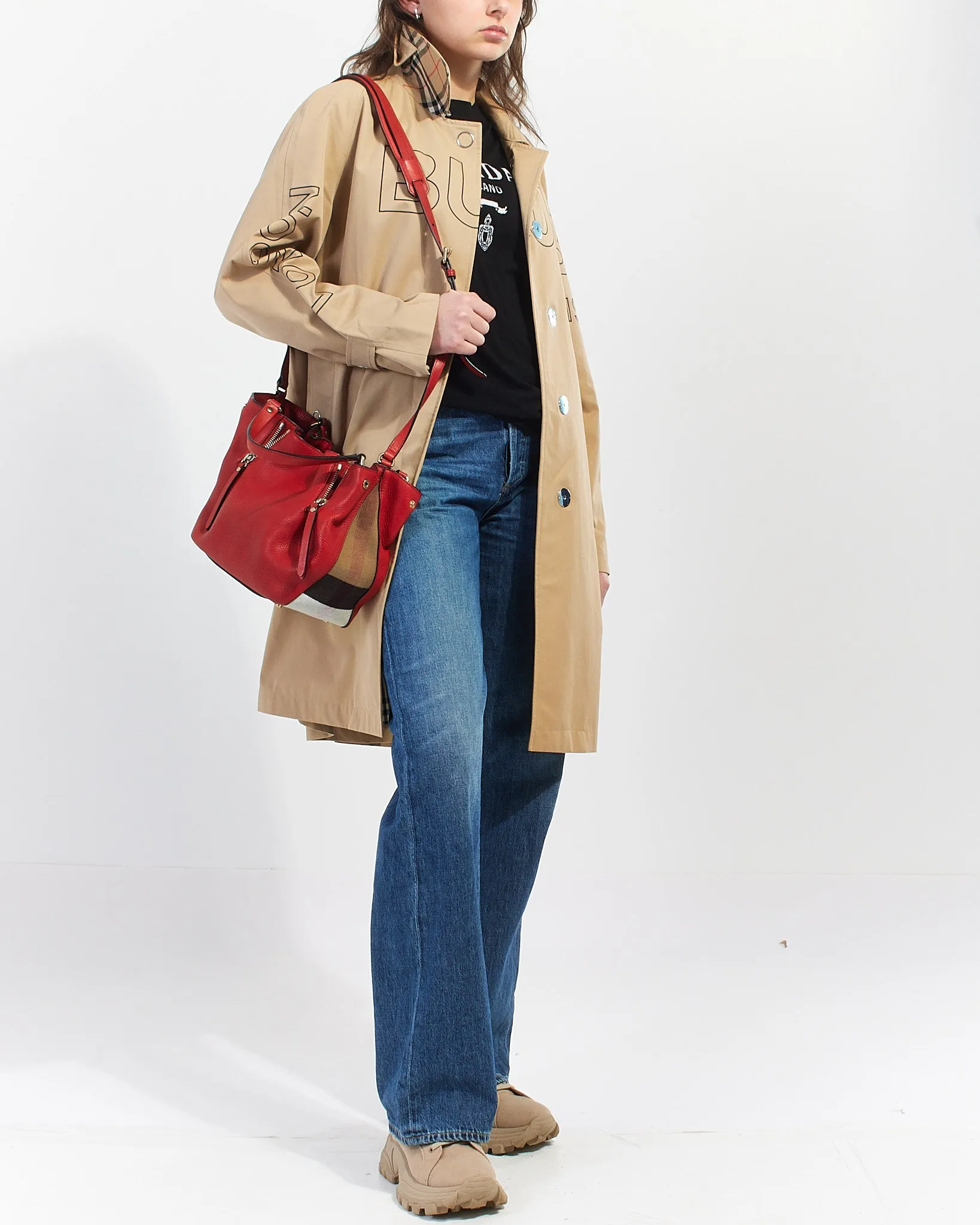 Burberry Red Leather/House Check Canvas Small Brit Maidstone Convertible Tote