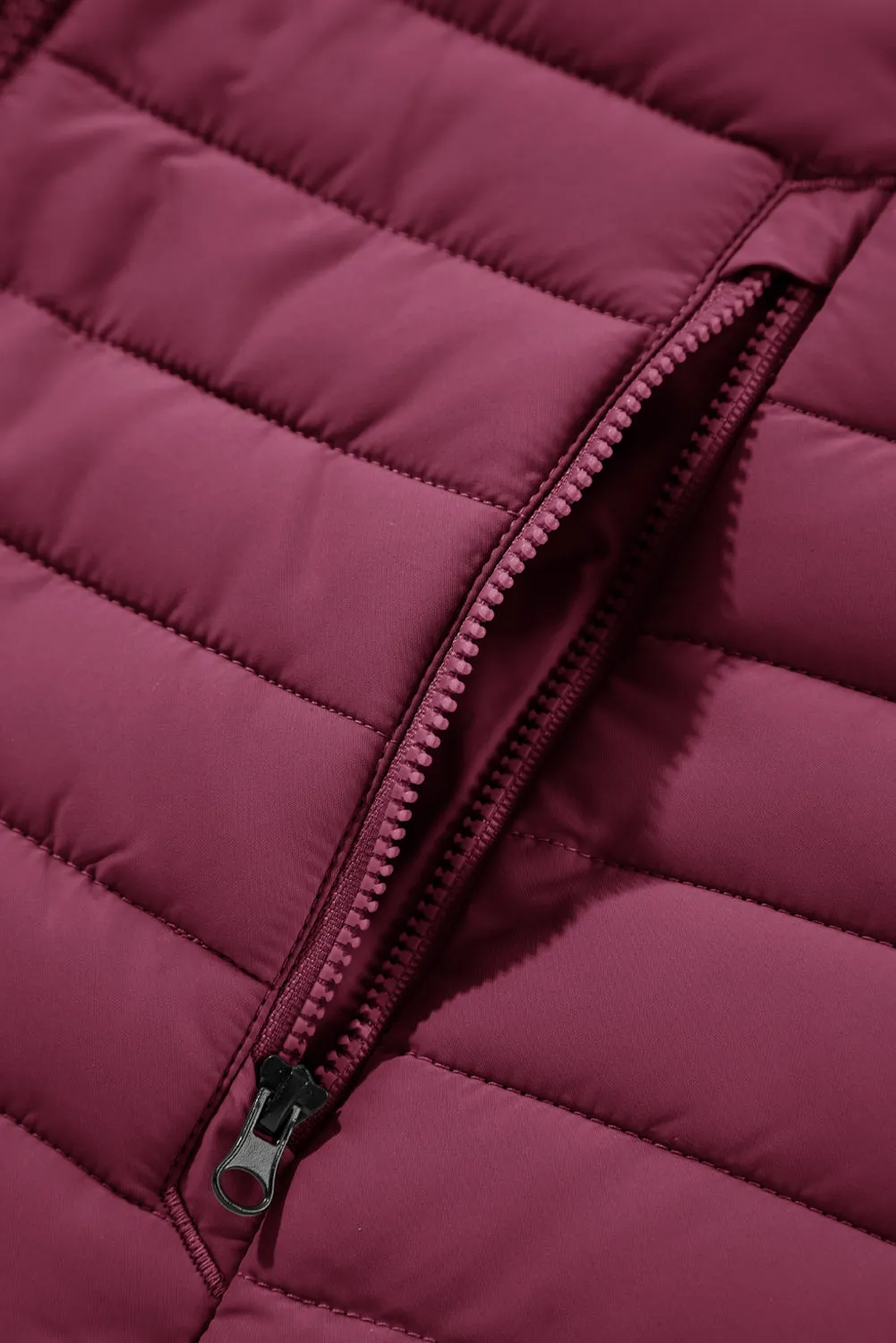 Burgundy Plush Collared Quilted Zipped Puffer Vest