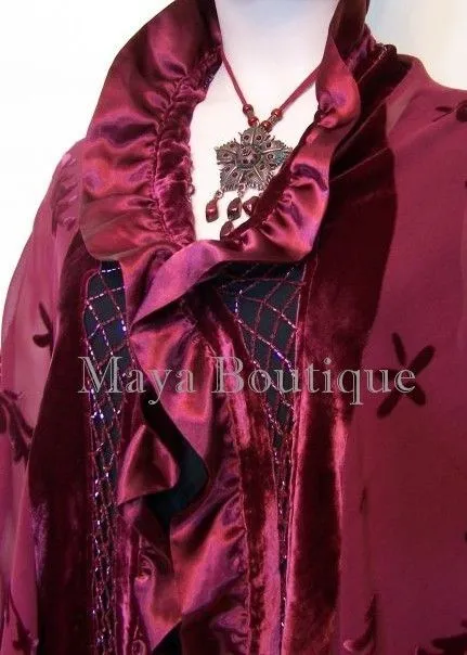 BURGUNDY Shawl Scarf Wrap Silk Burnout Velvet Triangle Ruffles Maya Matazaro