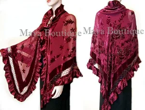 BURGUNDY Shawl Scarf Wrap Silk Burnout Velvet Triangle Ruffles Maya Matazaro
