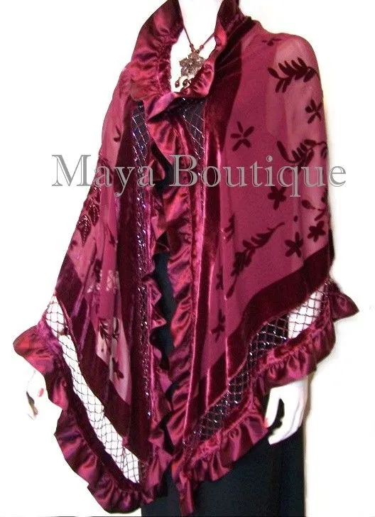 BURGUNDY Shawl Scarf Wrap Silk Burnout Velvet Triangle Ruffles Maya Matazaro
