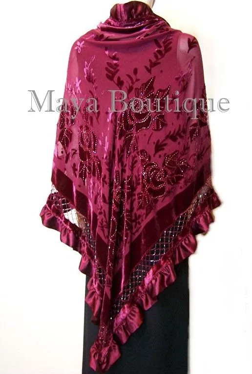 BURGUNDY Shawl Scarf Wrap Silk Burnout Velvet Triangle Ruffles Maya Matazaro