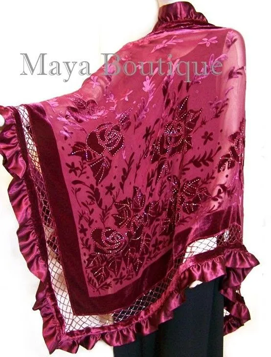 BURGUNDY Shawl Scarf Wrap Silk Burnout Velvet Triangle Ruffles Maya Matazaro