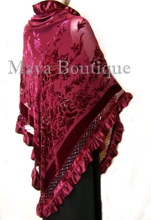 BURGUNDY Shawl Scarf Wrap Silk Burnout Velvet Triangle Ruffles Maya Matazaro