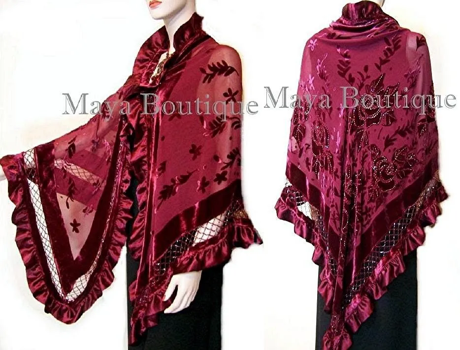 BURGUNDY Shawl Scarf Wrap Silk Burnout Velvet Triangle Ruffles Maya Matazaro
