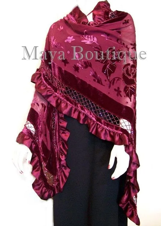 BURGUNDY Shawl Scarf Wrap Silk Burnout Velvet Triangle Ruffles Maya Matazaro