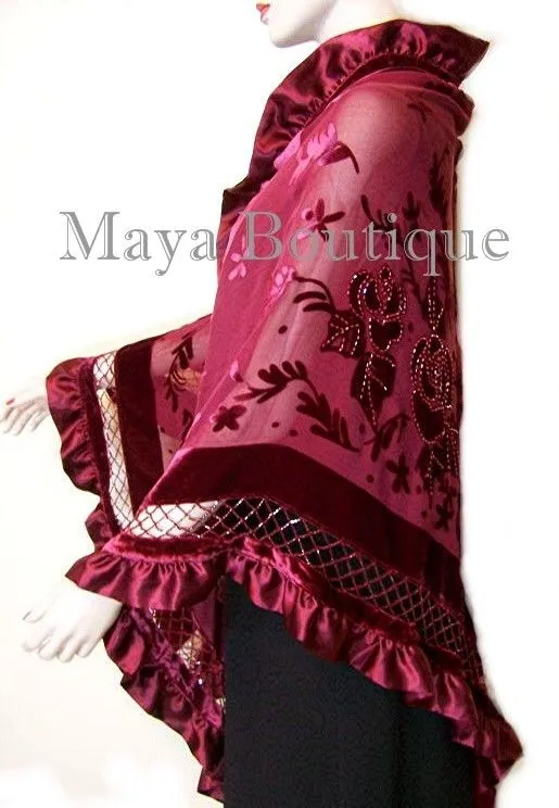 BURGUNDY Shawl Scarf Wrap Silk Burnout Velvet Triangle Ruffles Maya Matazaro