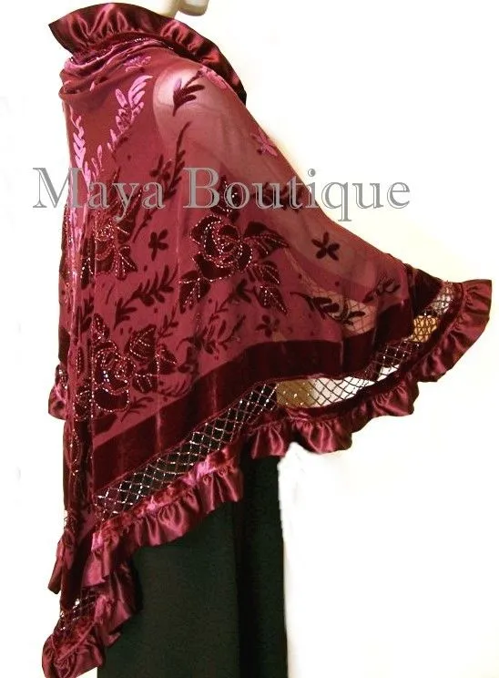 BURGUNDY Shawl Scarf Wrap Silk Burnout Velvet Triangle Ruffles Maya Matazaro