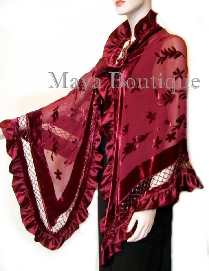 BURGUNDY Shawl Scarf Wrap Silk Burnout Velvet Triangle Ruffles Maya Matazaro
