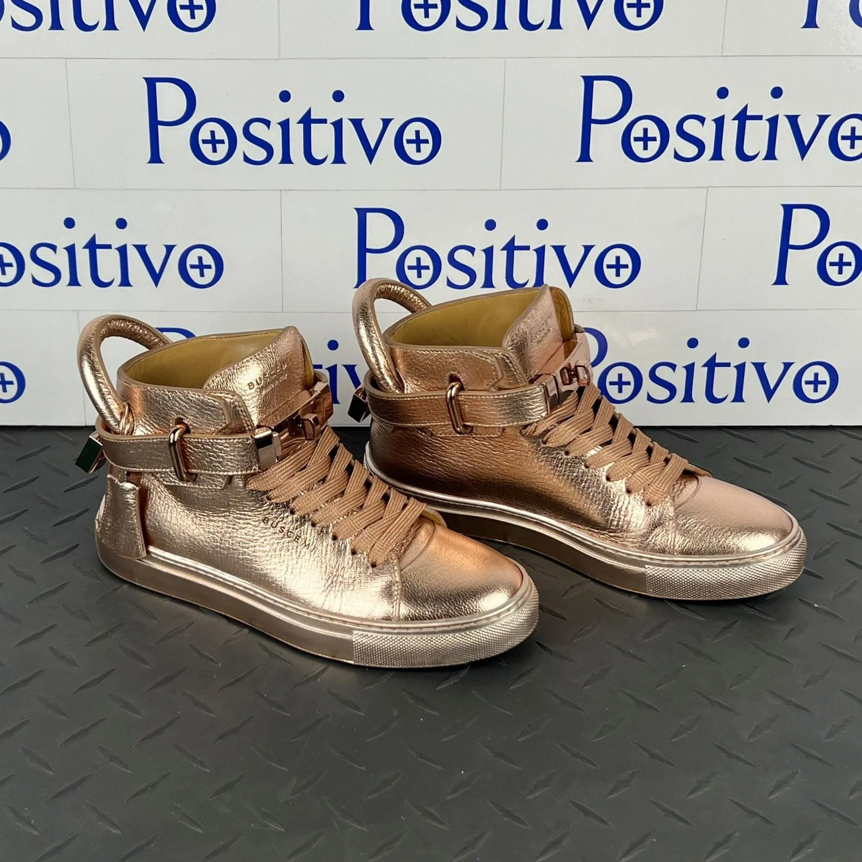 Buscemi 100MM Metallic Rose Gold Leather High Top Sneakers SAMPLE