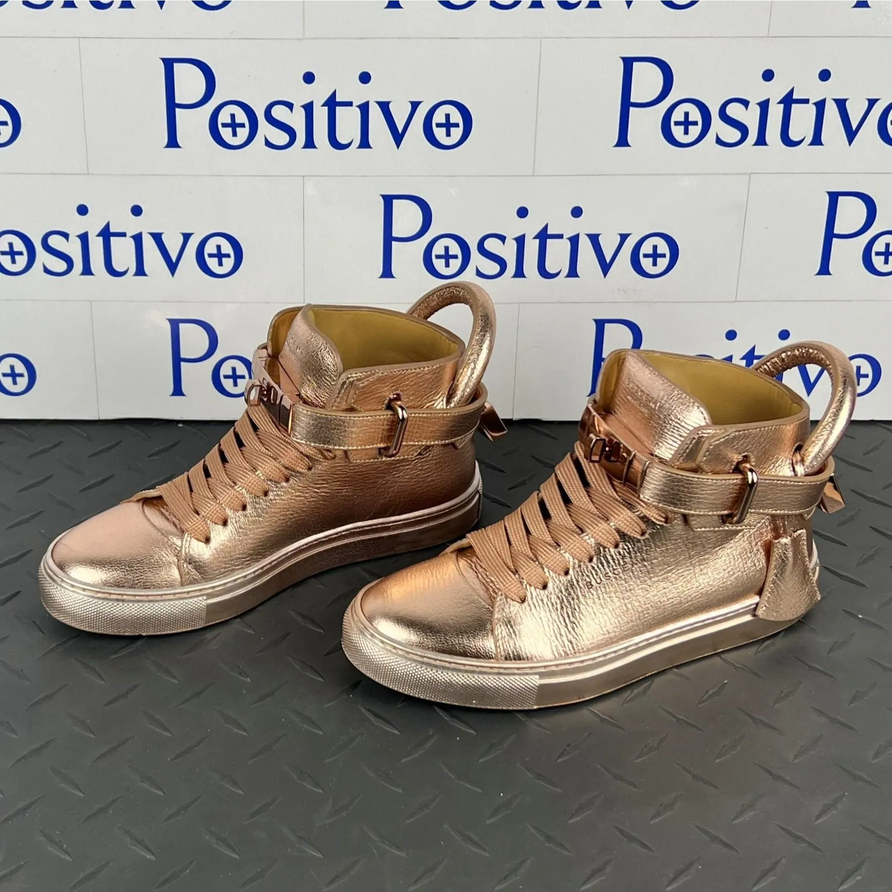 Buscemi 100MM Metallic Rose Gold Leather High Top Sneakers SAMPLE