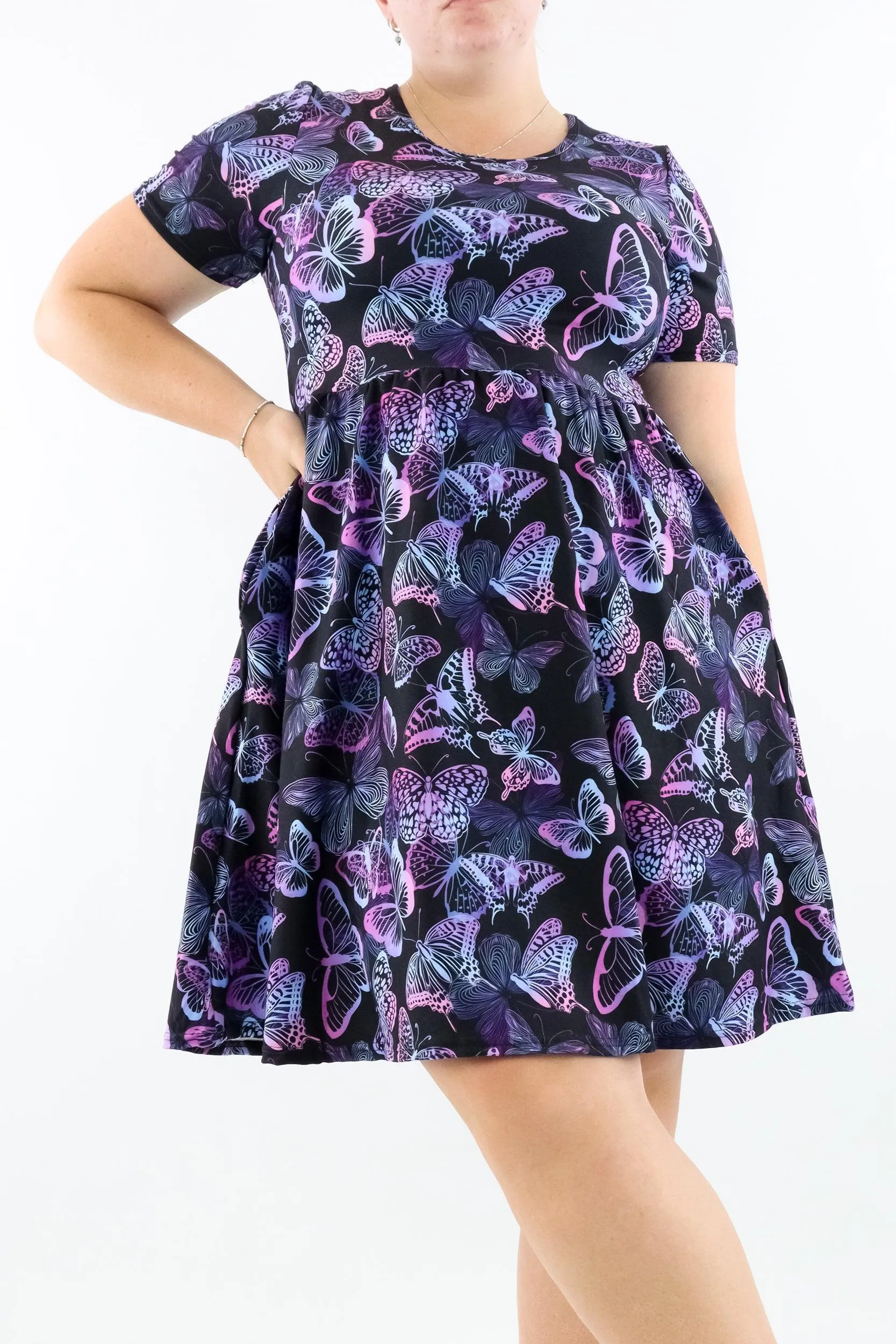 Butterfly Beauty - Short Sleeve Skater Dress - Knee Length - Side Pockets
