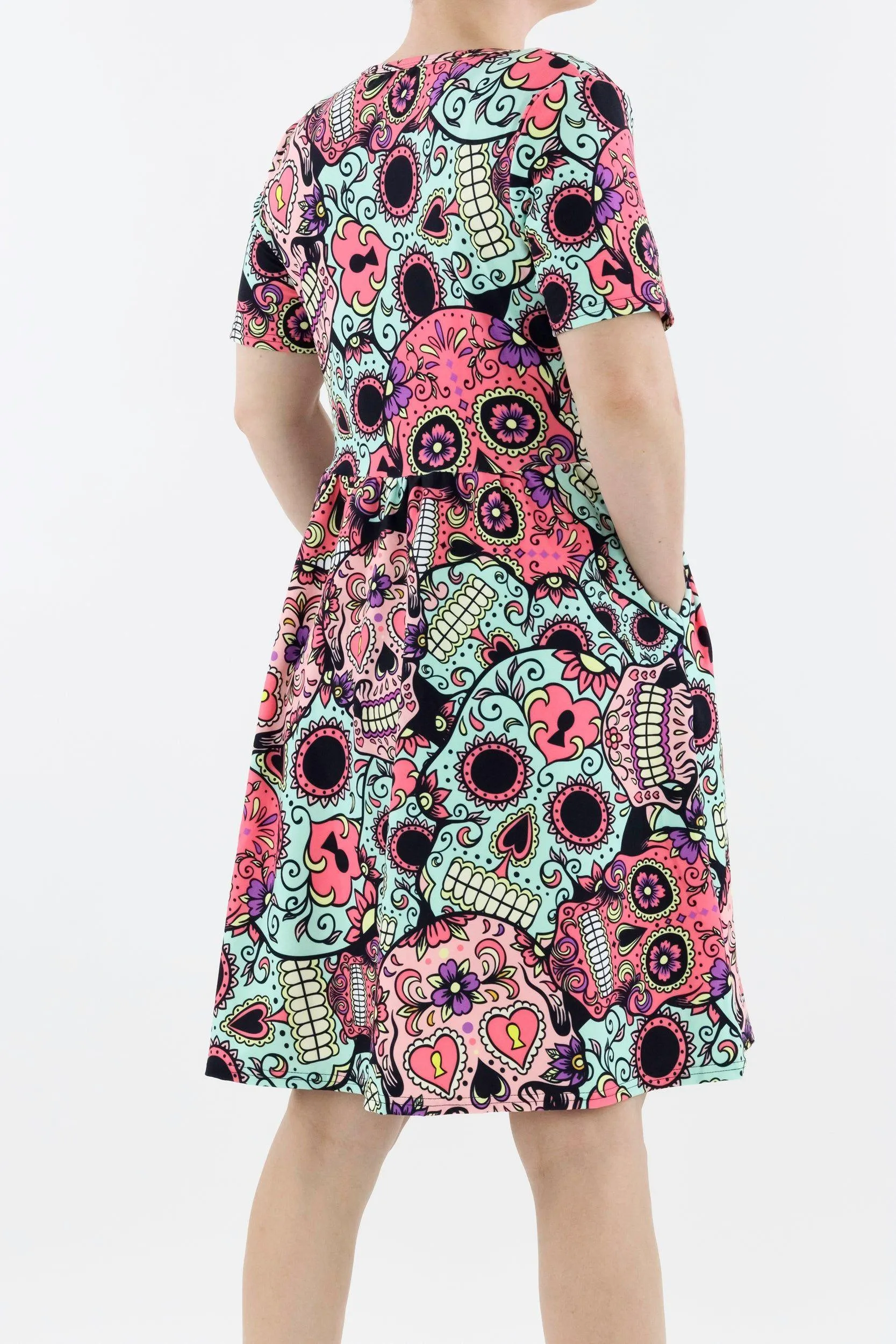 Calavera Skull - Short Sleeve Skater Dress - Knee Length - Side Pockets