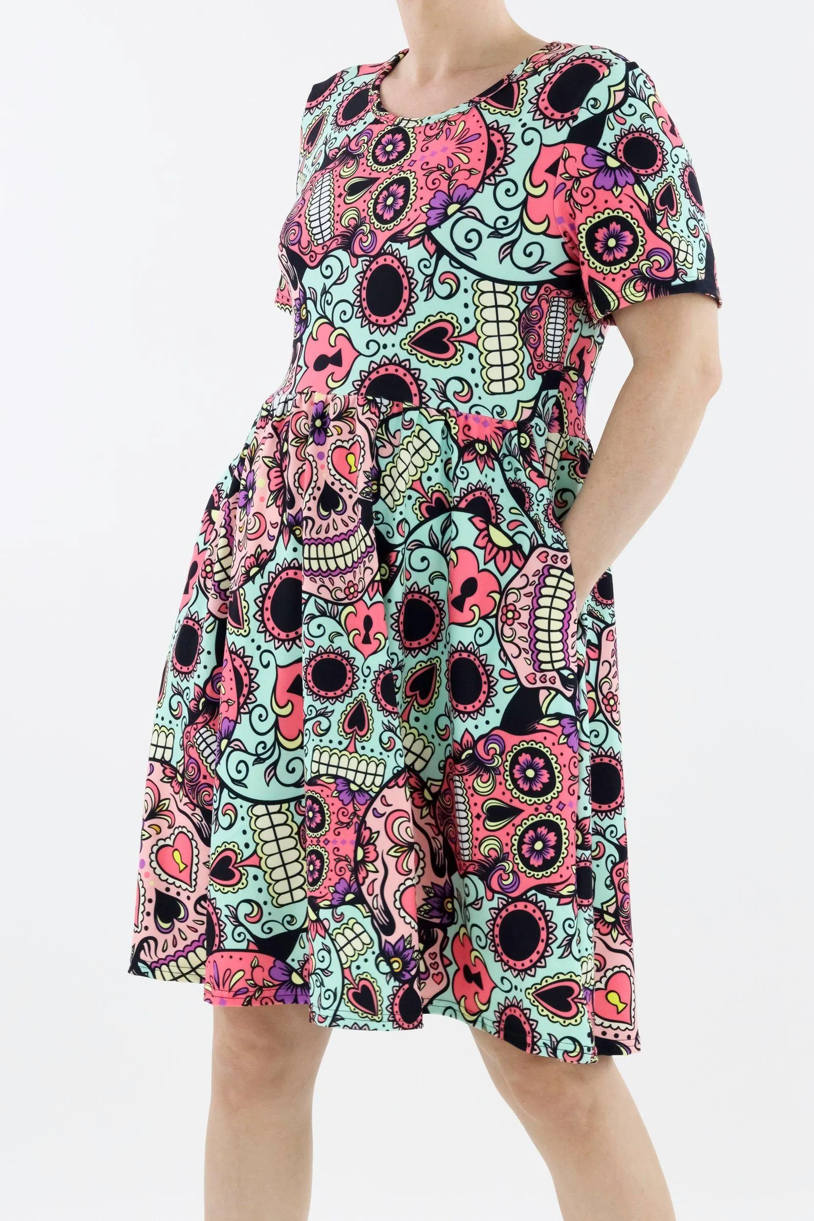 Calavera Skull - Short Sleeve Skater Dress - Knee Length - Side Pockets