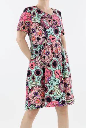 Calavera Skull - Short Sleeve Skater Dress - Knee Length - Side Pockets