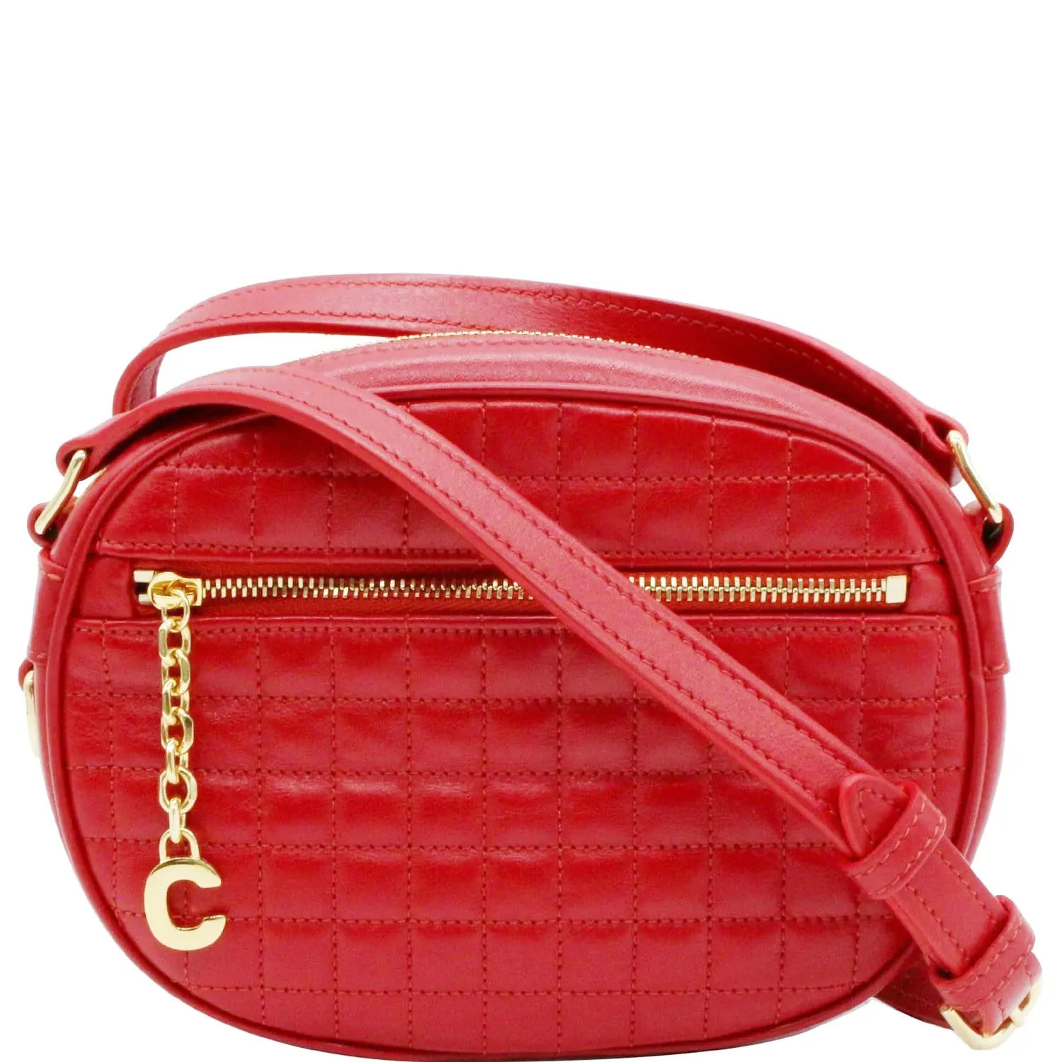 CELINE Women C Charm Small Quilted Calfskin Leather Camera Bag Red