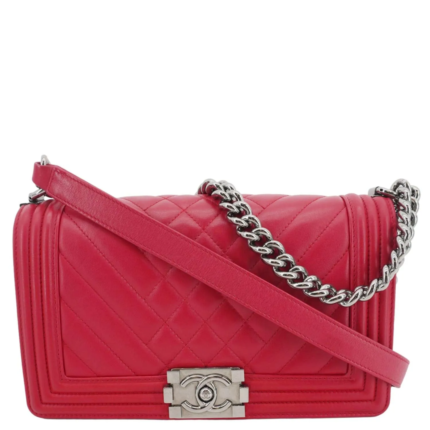 CHANEL Boy Mixed Chevron Flap Lambskin Quilted Shoulder Bag Red