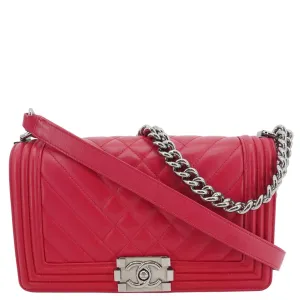 CHANEL Boy Mixed Chevron Flap Lambskin Quilted Shoulder Bag Red