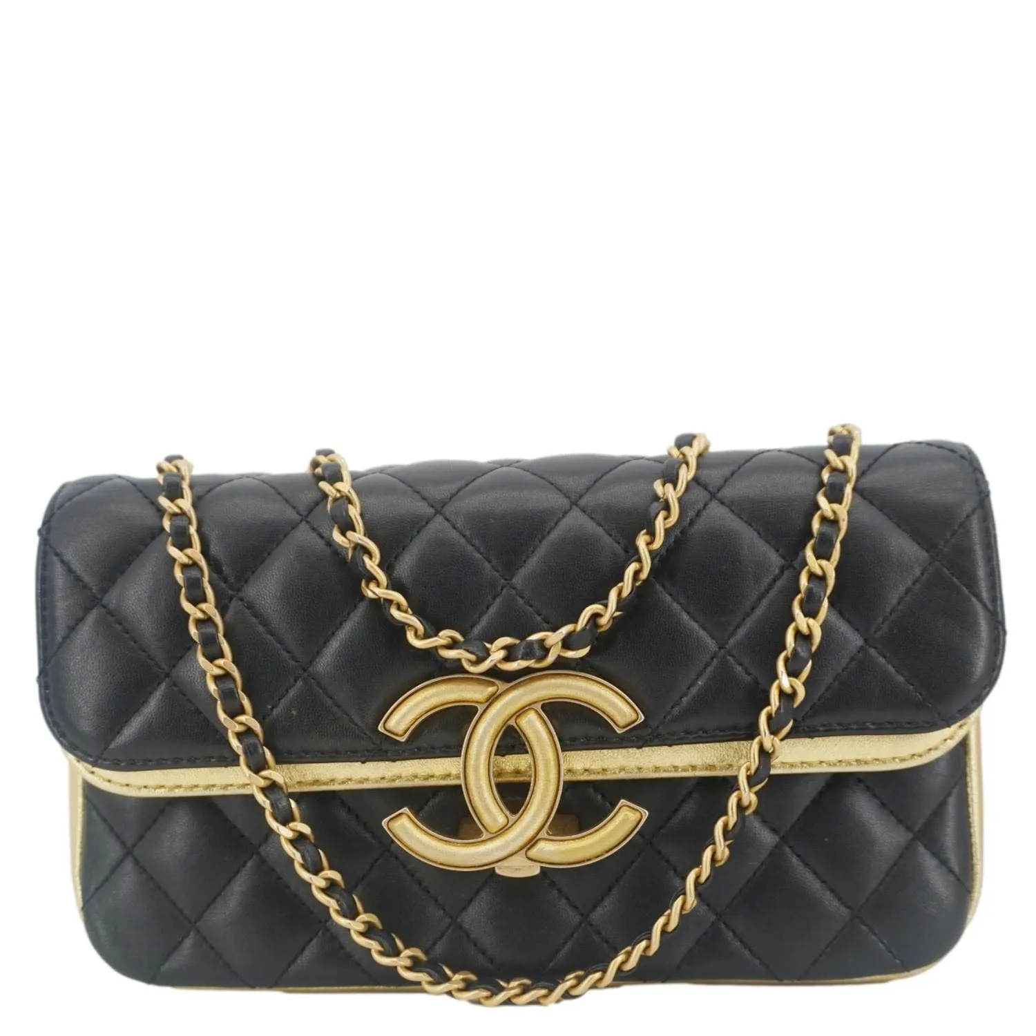 CHANEL CC Double Flap Quilted Leather Shoulder Bag Black