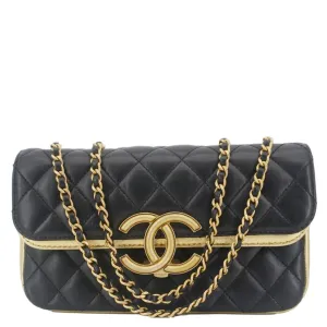 CHANEL CC Double Flap Quilted Leather Shoulder Bag Black