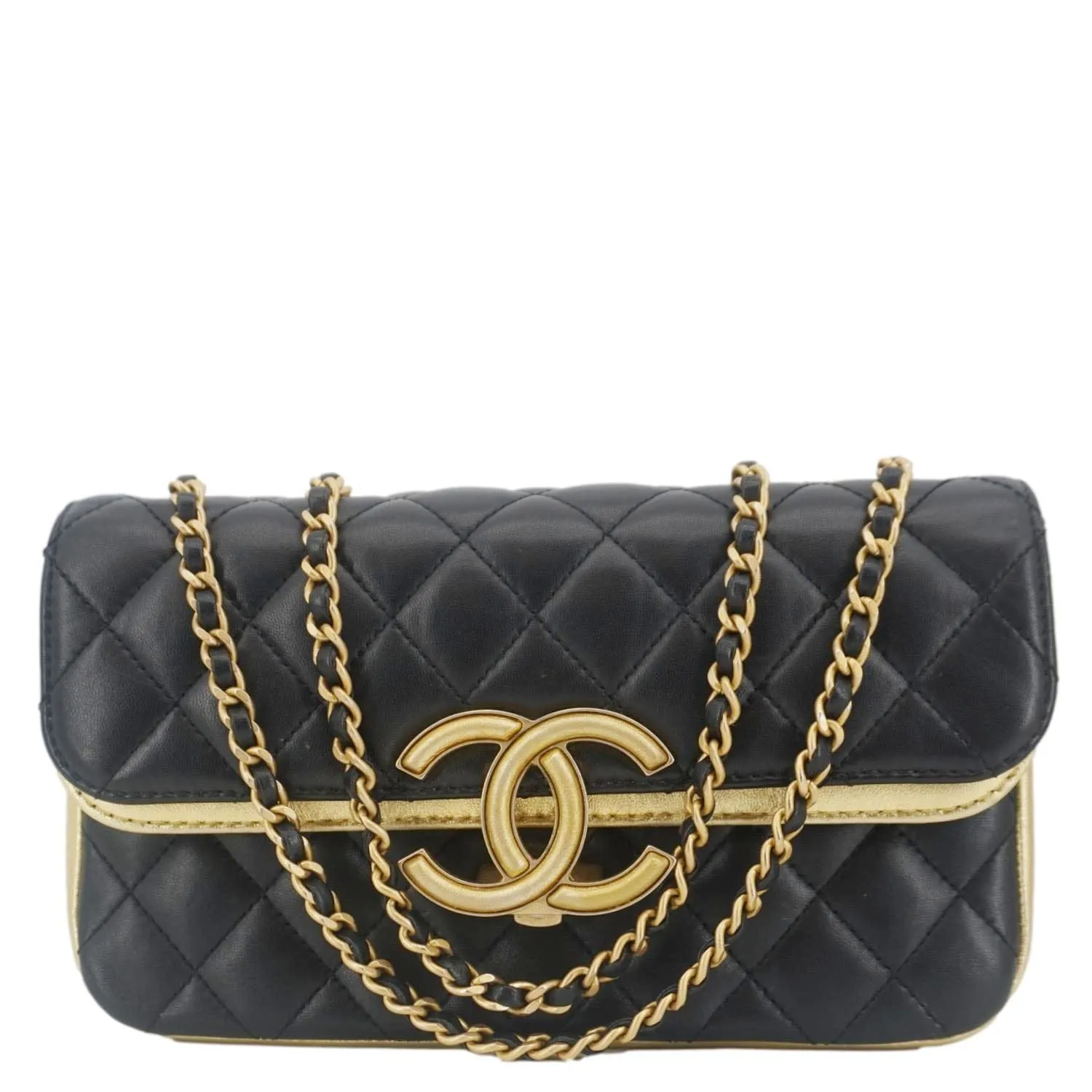 CHANEL CC Double Flap Quilted Leather Shoulder Bag Black