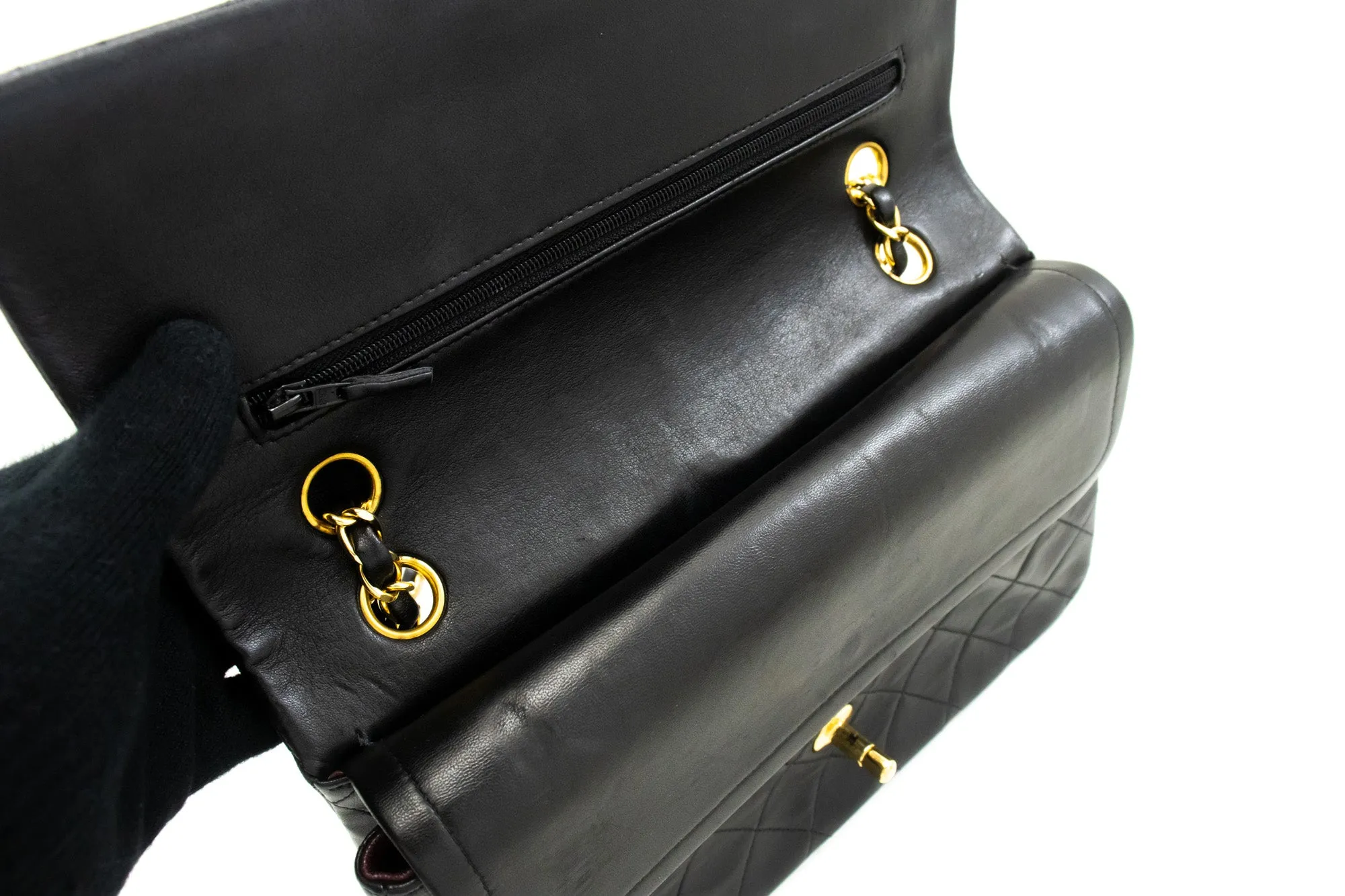 CHANEL Classic Double Flap 10" Chain Shoulder Bag Black Lambskin n07