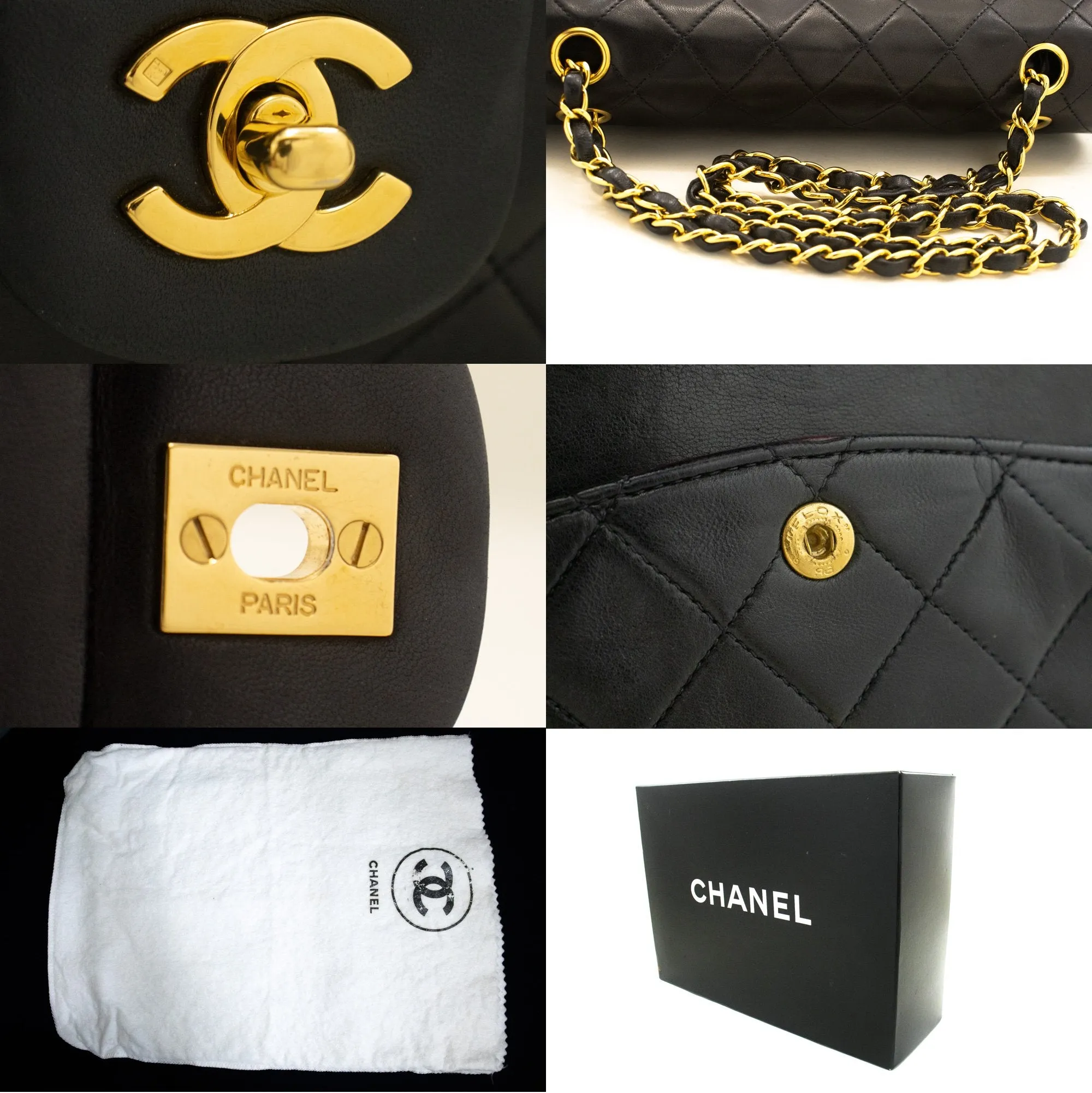 CHANEL Classic Double Flap 10" Chain Shoulder Bag Black Lambskin n07